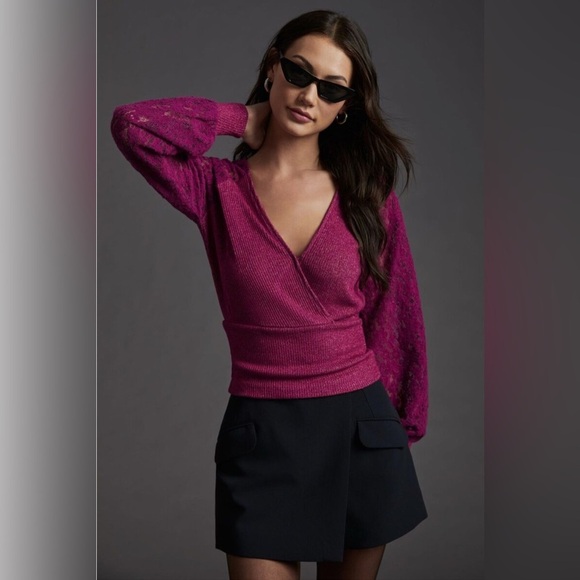 Anthropologie Lace Balloon Sleeve Surplice V Neck Ribbed Sweater Top Boho Plum M - Picture 1 of 9
